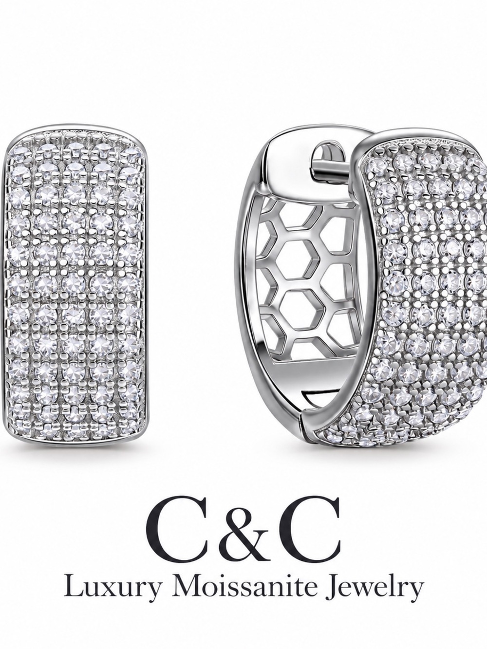 C.C Silver Pavé Moissanite Huggie Earrings - Silver